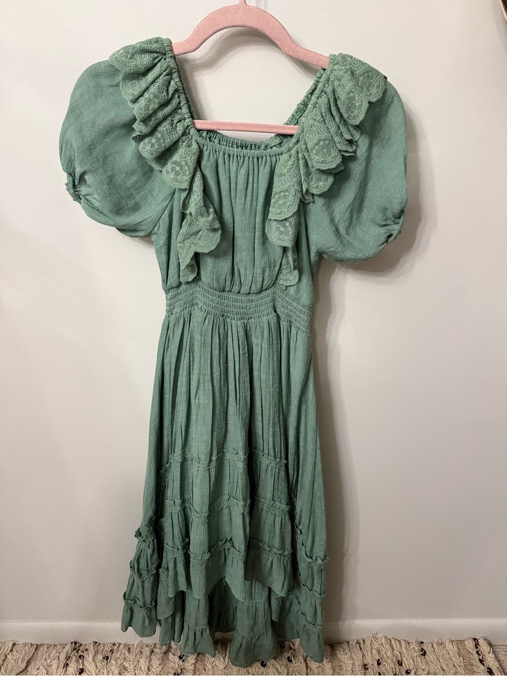 Joyfolie Sage Green Ruffle Puff-Sleeve Dress for Girls
